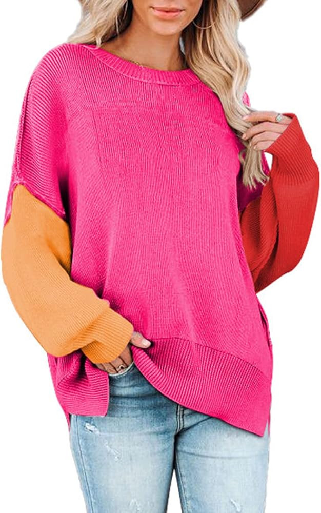 Pink Wind Women's Long Sleeve Oversized Pullover Sweater Crewneck Side Slit Knit Jumper Tops | Amazon (US)