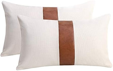 cygnus Set of 2 White Linen Patchwork Faux Leather Throw Lumbar Pillow Covers for Couch Living Ro... | Amazon (US)