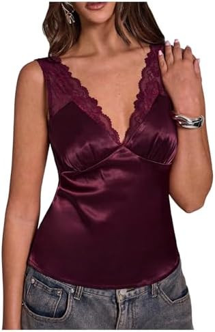 SHENHE Women's Satin Lace Top V Neck Sleeveless Low Back Tank Party Silky Going Out Tops | Amazon (US)