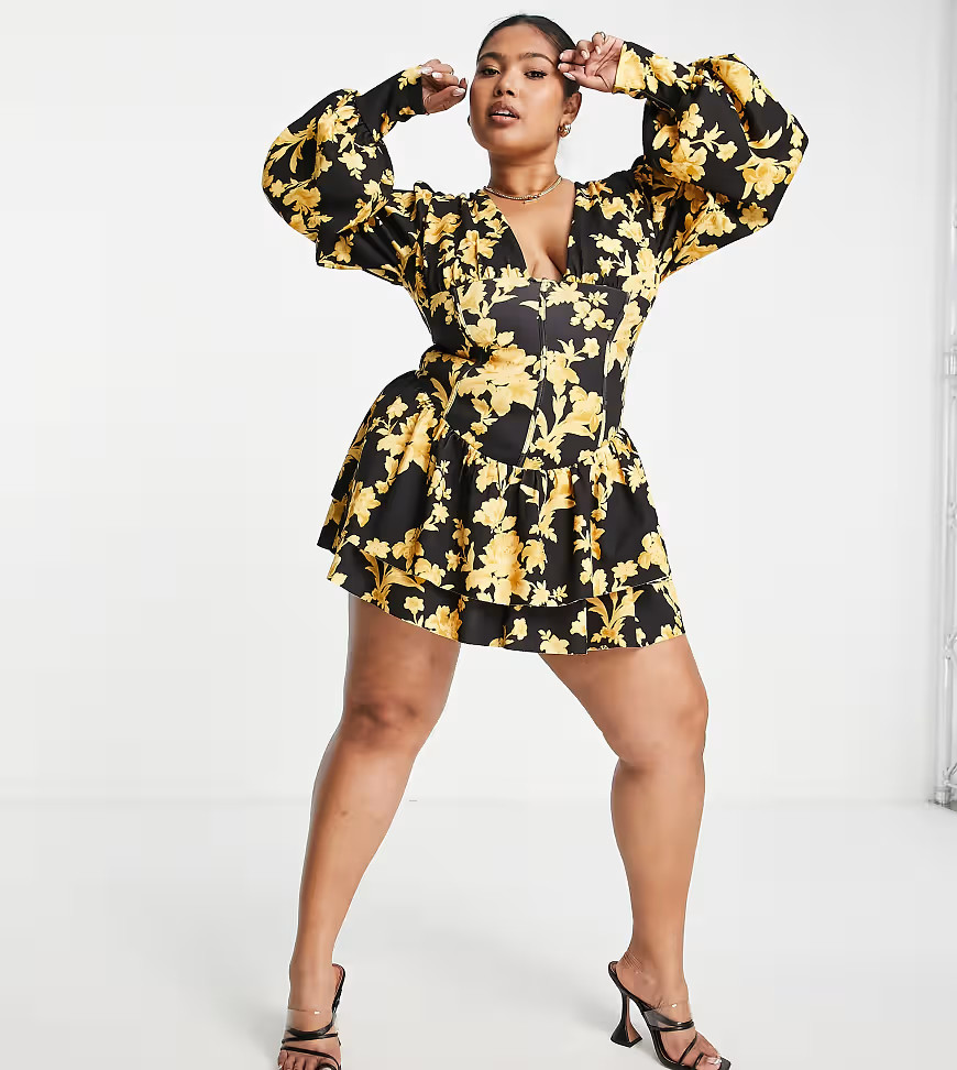 ASOS DESIGN Curve plunge blouson sleeve corset mini dress in black and gold floral-Multi | ASOS (Global)