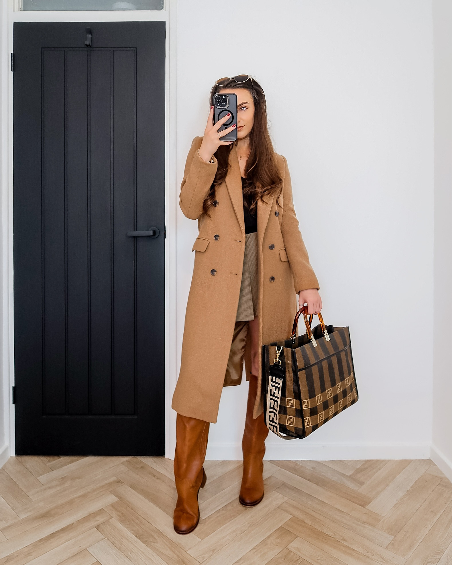 autumn outfit inspo, tonal dressing, corporate chic, spooky season style, fall fashion looks, brown pleated skirt, tan wool coat, knee high boots outfit, Halloween fashion aesthetic, UK fashion influencer, plaid skirt, tartan skirt, pleated mini skirt, tan boots 

#LTKautumn #LTKuk #LTKeurope