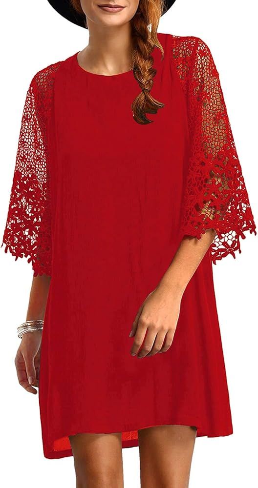Women's Casual Crewneck Half Sleeve Summer Chiffon Tunic Dress | Amazon (US)