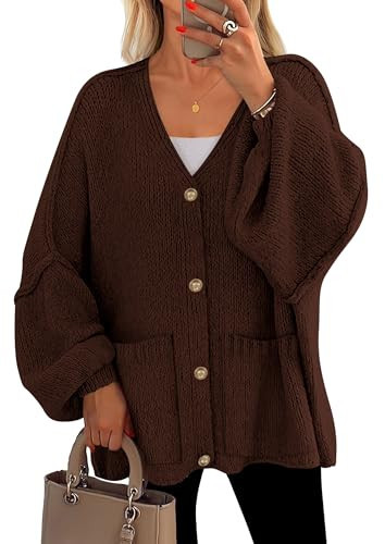 PRETTYGARDEN Fall Chunky Cardigan Sweaters for Women 2025 Button Long Lantern Sleeve Knit Oversized Coats with Pockets(Brown,Large) | Amazon (US)
