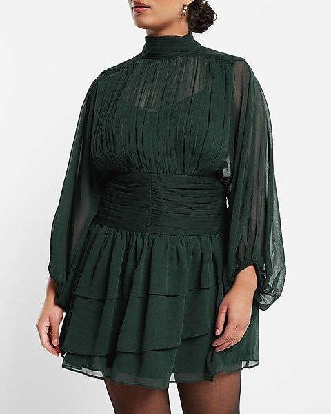 Mock Neck Long Sleeve Pleated Waist Tiered Ruffle Mini Dress | Express