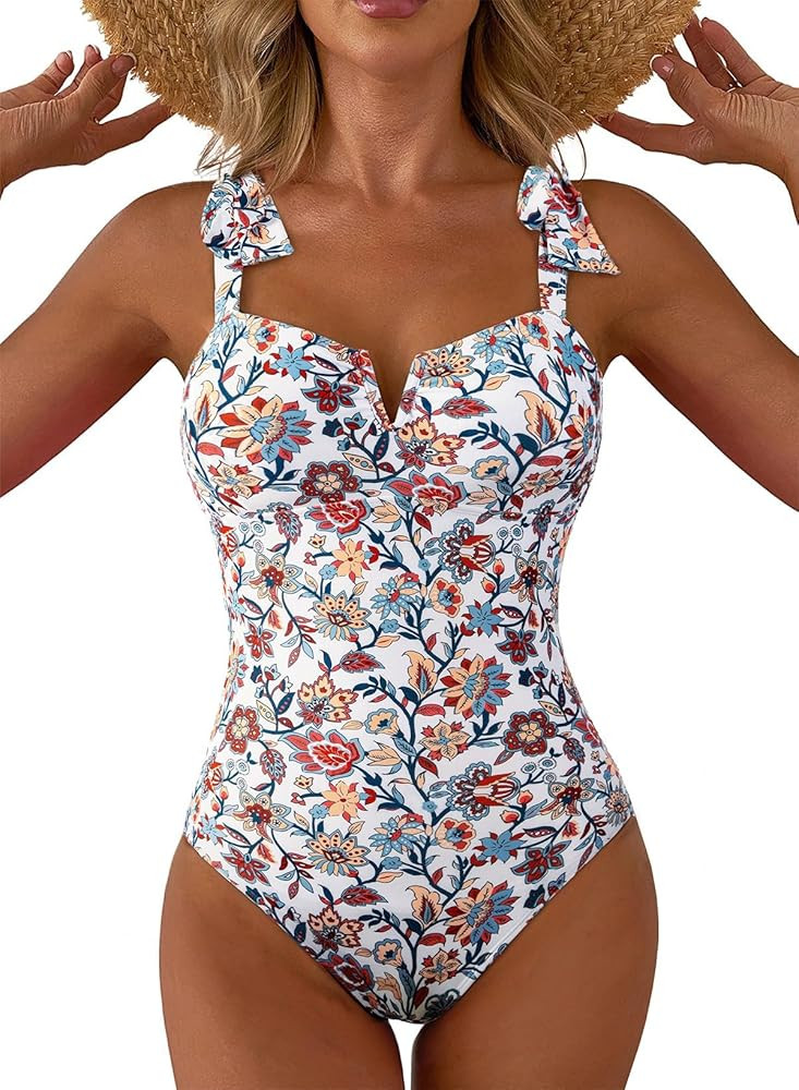 Aleumdr Women's One Piece Swimsuits Tummy Control Bathing Suits V Neck Boho Tie Shoulder Ruched F... | Amazon (US)