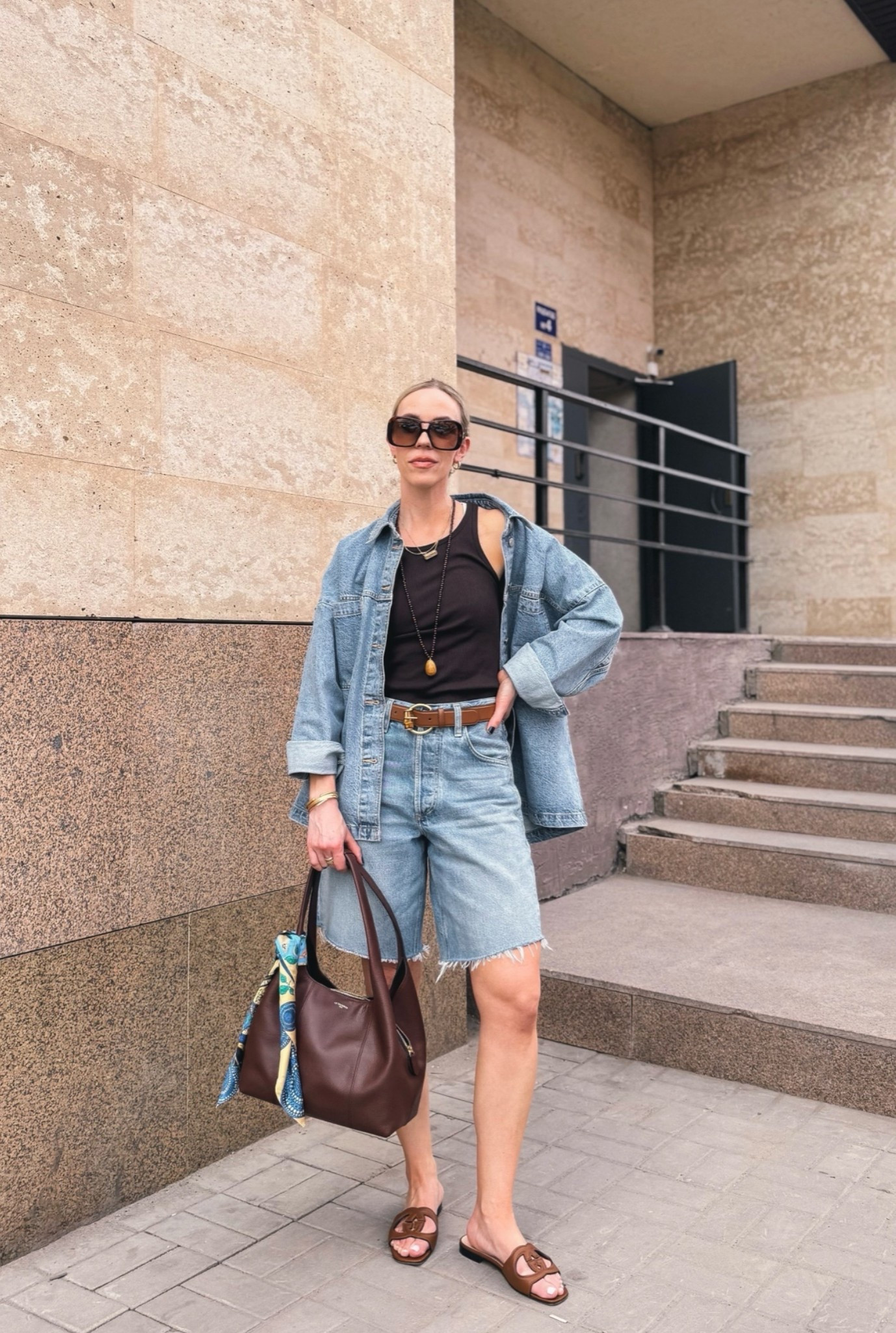 Summer vacation outfit, denim on denim, all denim summer outfit, denim bermuda shorts, Gucci sandals, Le Tanneur handbag

#LTKTravel #LTKSeasonal #LTKOver40