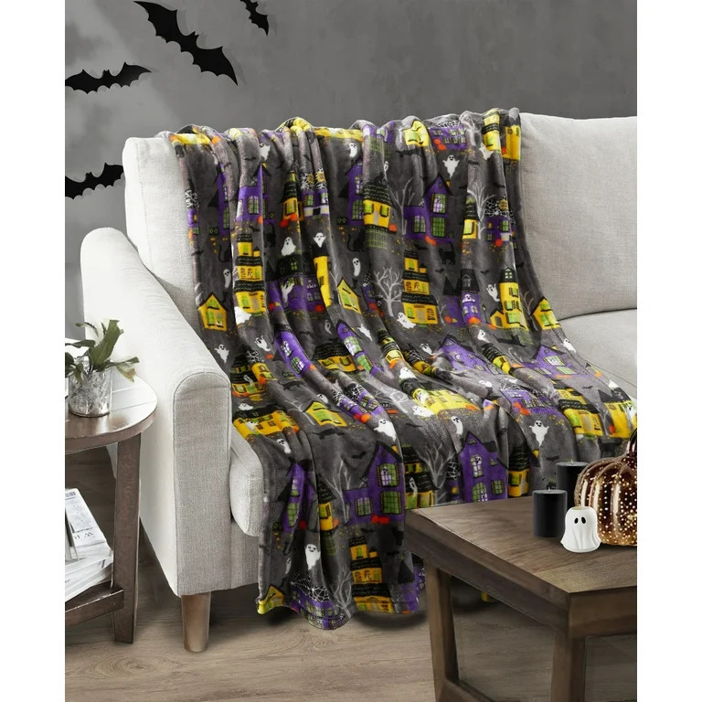 Way To Celebrate, Halloween Houses Throw Blanket, Gray, Standard Throw | Walmart (US)