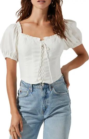 Puff Sleeve Lace-Up Recycled Cotton & Polyester Crop Top | Nordstrom