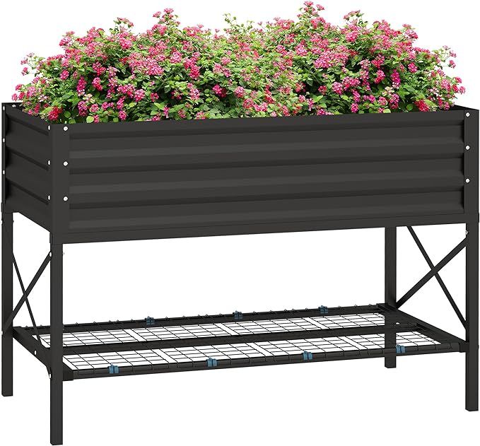 Outsunny Raised Garden Bed with Galvanized Steel Frame, Storage Shelf and Bed Liner, Elevated Pla... | Amazon (US)