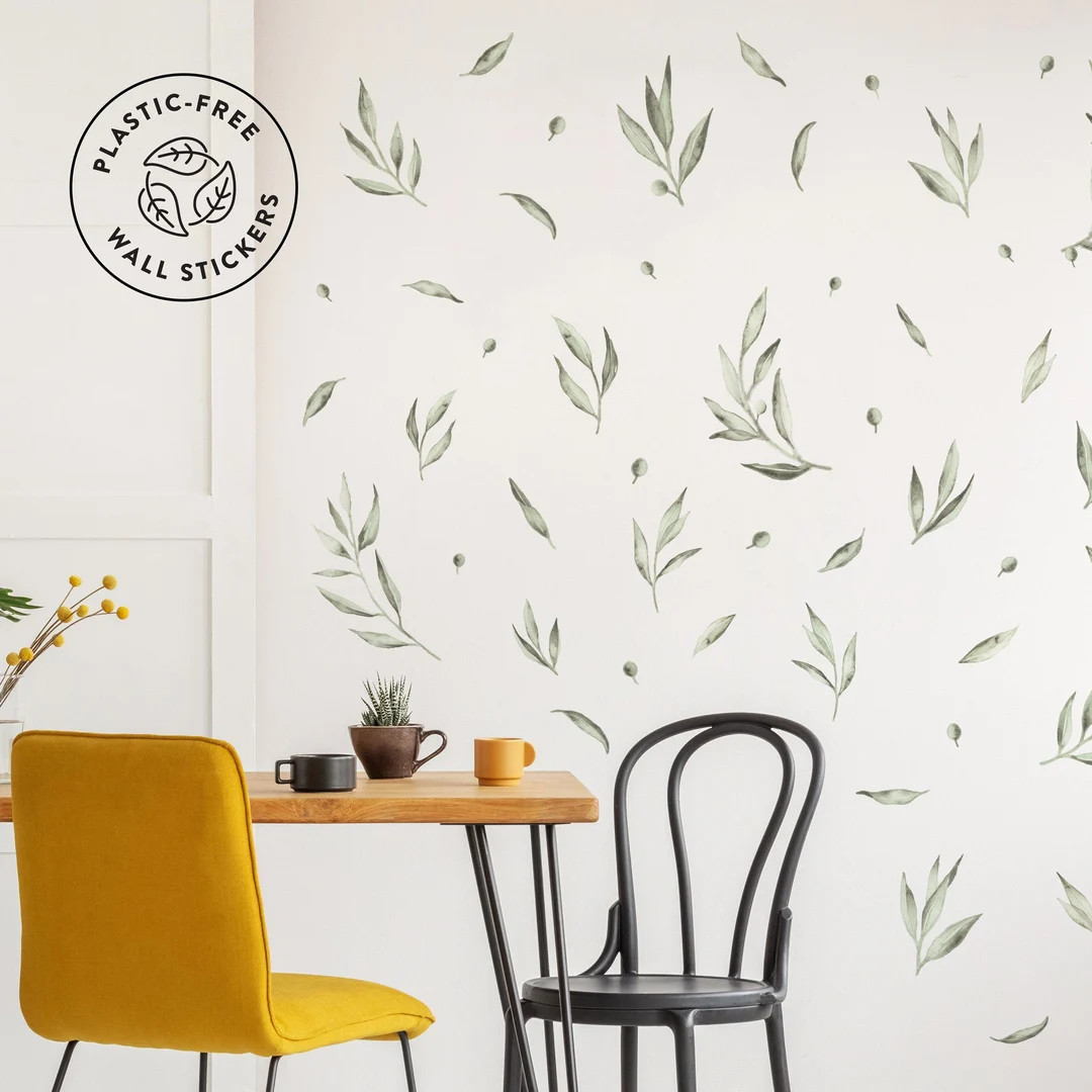 Botanical Olive Leaves and Branches Wall Decals, Plastic-Free Wall Stickers | Etsy (US)