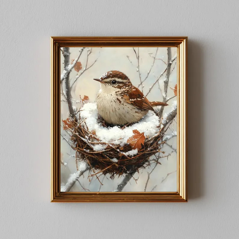 Winter Wren Nestled in Snow - Rustic Farmhouse Bird Art, Woodland Winter Painting, Cozy Printable... | Etsy (US)