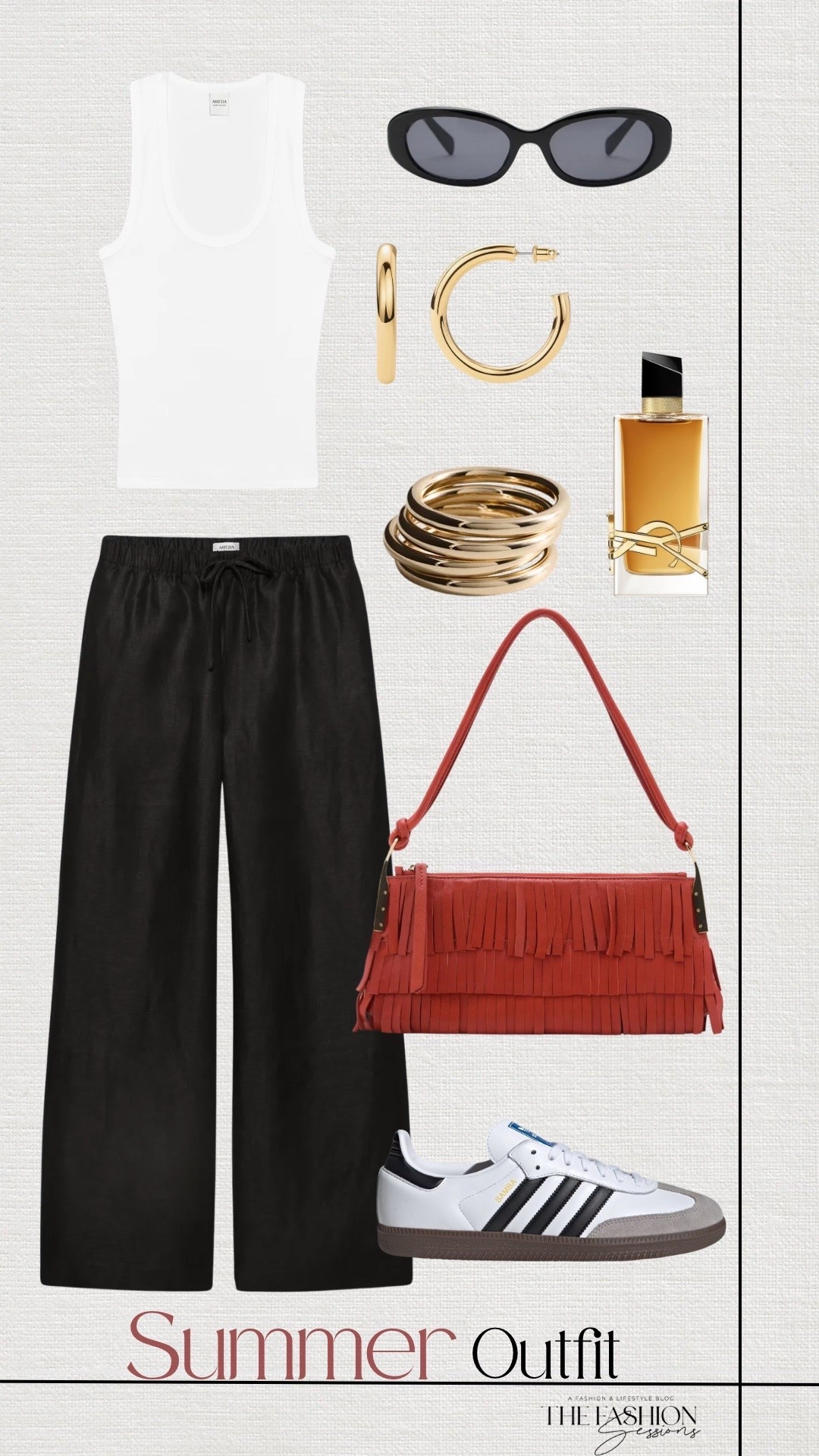 Summer Outfit | White Tank | Black Linen Pants | Adidas Sambas | Mango Bag | YSL Perfume | Gold Jewelry

#LTKootd #LTKSeasonal