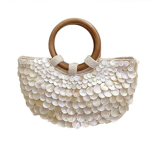Summer Tote Bag Beach Bag for Women，Handmade Shell Beaded Sequin Purse with Top Handle for Beach，Wedding Party & Vacation | Amazon (US)