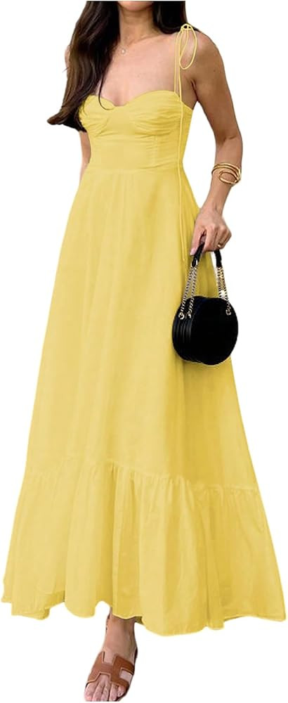 Floerns Women's Tie Shoulder Smocked Long Dress Ruffle Tiered Flowy Wedding Guest Dresses | Amazon (US)