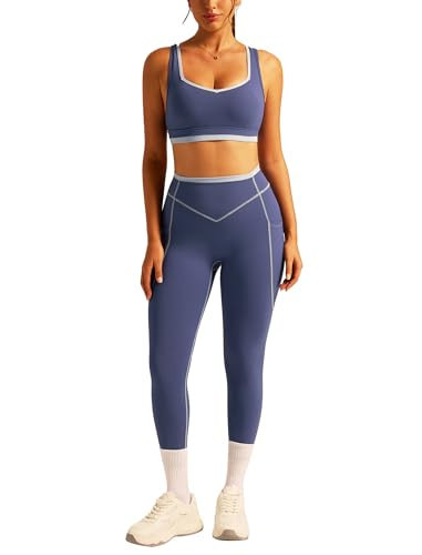 ABOCIW Workout Sets for Women 2 Piece Square Neck Racerback Sports Bra Matching Contrast Stitching High Waist Legging with Pockets Gym Pilates Outfits Athletic Work Out Clothes Blue Medium | Amazon (US)