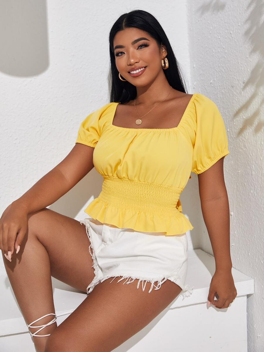 Plus Tie Back Square Neck Shirred Peplum Blouse | SHEIN