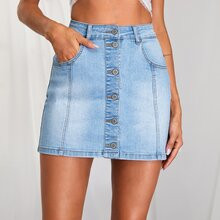Bleach Wash Button Front Denim Skirt | SHEIN