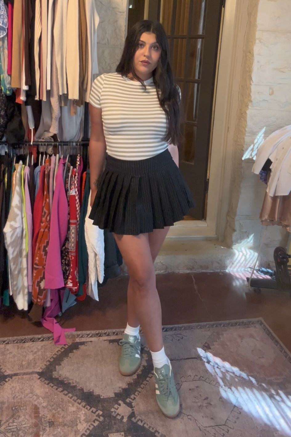 Stripes on stripes 🙌🏼 skirt is Sincerely Jules, I linked a similar one. I couldn’t find my green sambas but I linked the classics! 

#LTKSeasonal #LTKFindsUnder50 #LTKActive