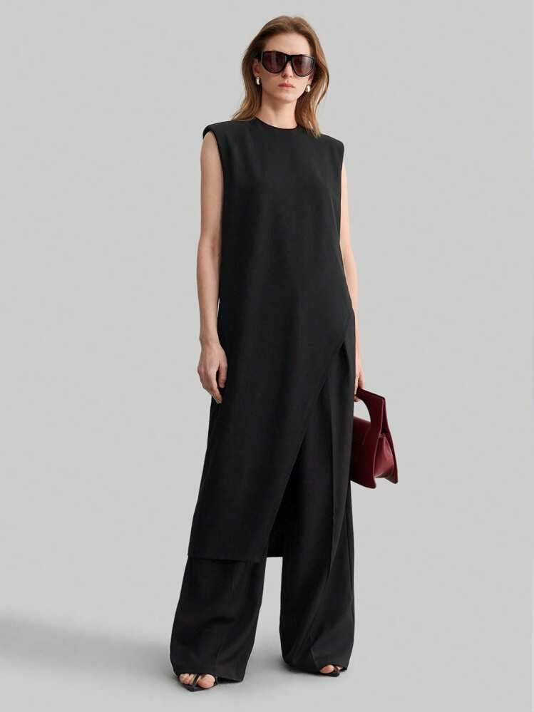 Ontre 2026SS 'S Top, Urban Casual Style, Wide Shoulder Sleeveless Asymmetric Hem High Slit Sexy Mid-Length Women's Top, Spring Outfit, Beach/Resort Wear, Bohemian Style, Summer Ins Popular Vacation Vibe, Exotic Atmosphere, Country Music Festival Western Style, Premium Comfortable Fabric | SHEIN