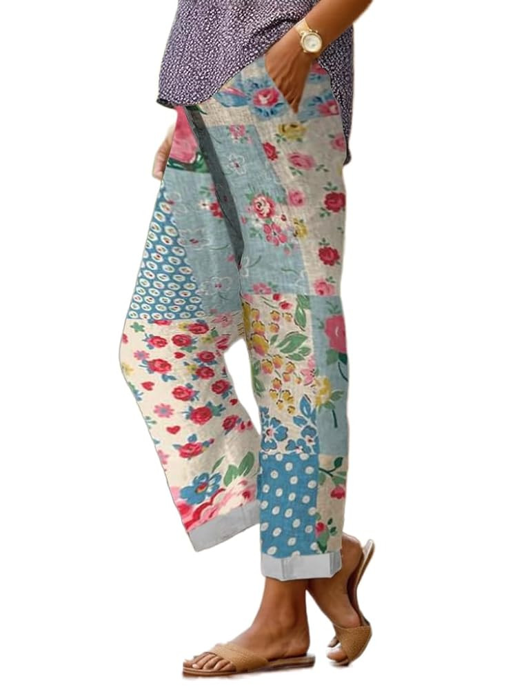 Women's Boho Floral Summer Casual Pants Plus Size Wide Leg Elastic Waist Beach Vacation Trousers ... | Amazon (US)