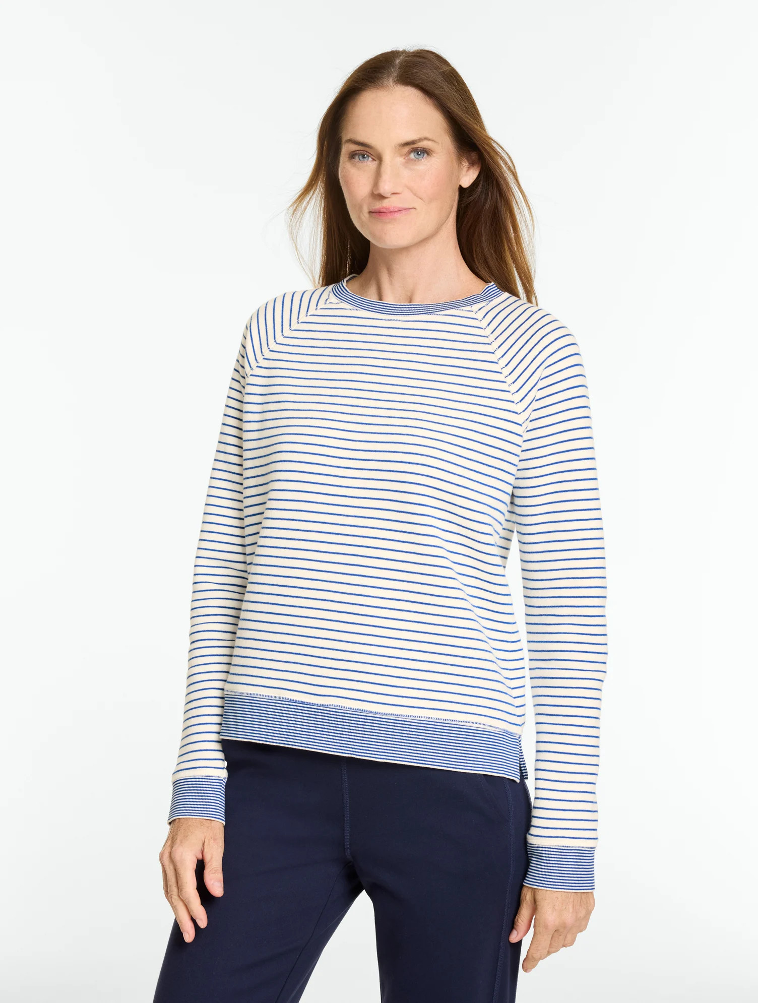 Cozy Fleece Crewneck Sweater Pullover - Bennetway Stripe - Ivory/Blue Majesty - XS Talbots | Talbots