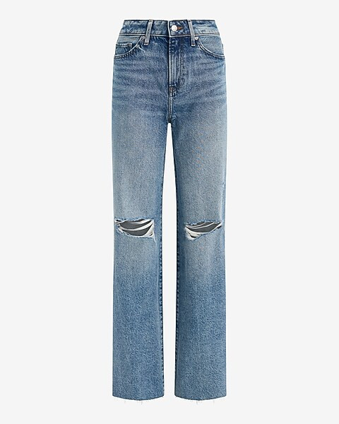 High Waisted Medium Wash 50/50 Rigid Stretch Ripped Wide Leg Jeans | Express