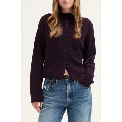 Madewell Funnel Neck Cardigan in Indigo And Claret Stripe at Nordstrom, Size Medium | Nordstrom