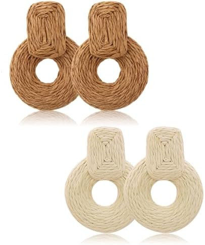 4 Pairs Handmade Raffia Rattan Bohemian Round Drop Dangle Earrings for Women, Boho Statement Cute... | Amazon (US)