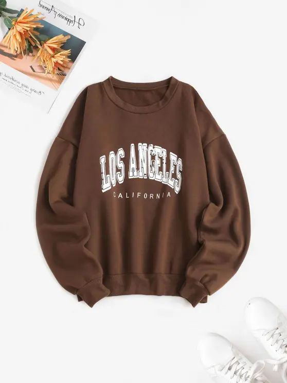 Flocking Lined Los Angeles Print Drop Shoulder Sweatshirt   BLACK COFFEE DEEP GREEN LIGHT COFFEE | ZAFUL (Global)