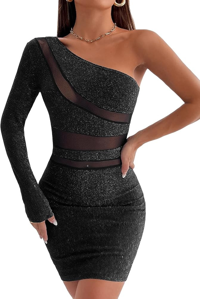 GORGLITTER Women's Glitter Ruched One Shoulder Bodycon Mini Dress Long Sleeve Party Pencil Short Dre | Amazon (US)