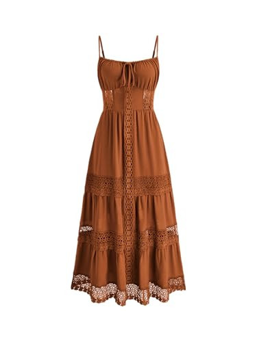 CIDER Maxi Dress for Women Lace Trim Tiered Cami Bohemian Holiday Vacation Square Neck Sleeveless Dress Orange | Amazon (US)