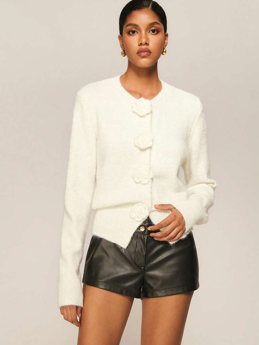 ATUI Studio Gray Vintage 3D Floral Cardigan, Long Sleeve Knitted Sweater Jacket, Fashion, Simple,... | SHEIN