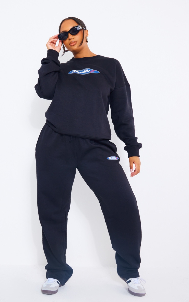 PRETTYLITTLETHING Plus Black Embroidered Studio Sweatpants | PrettyLittleThing US