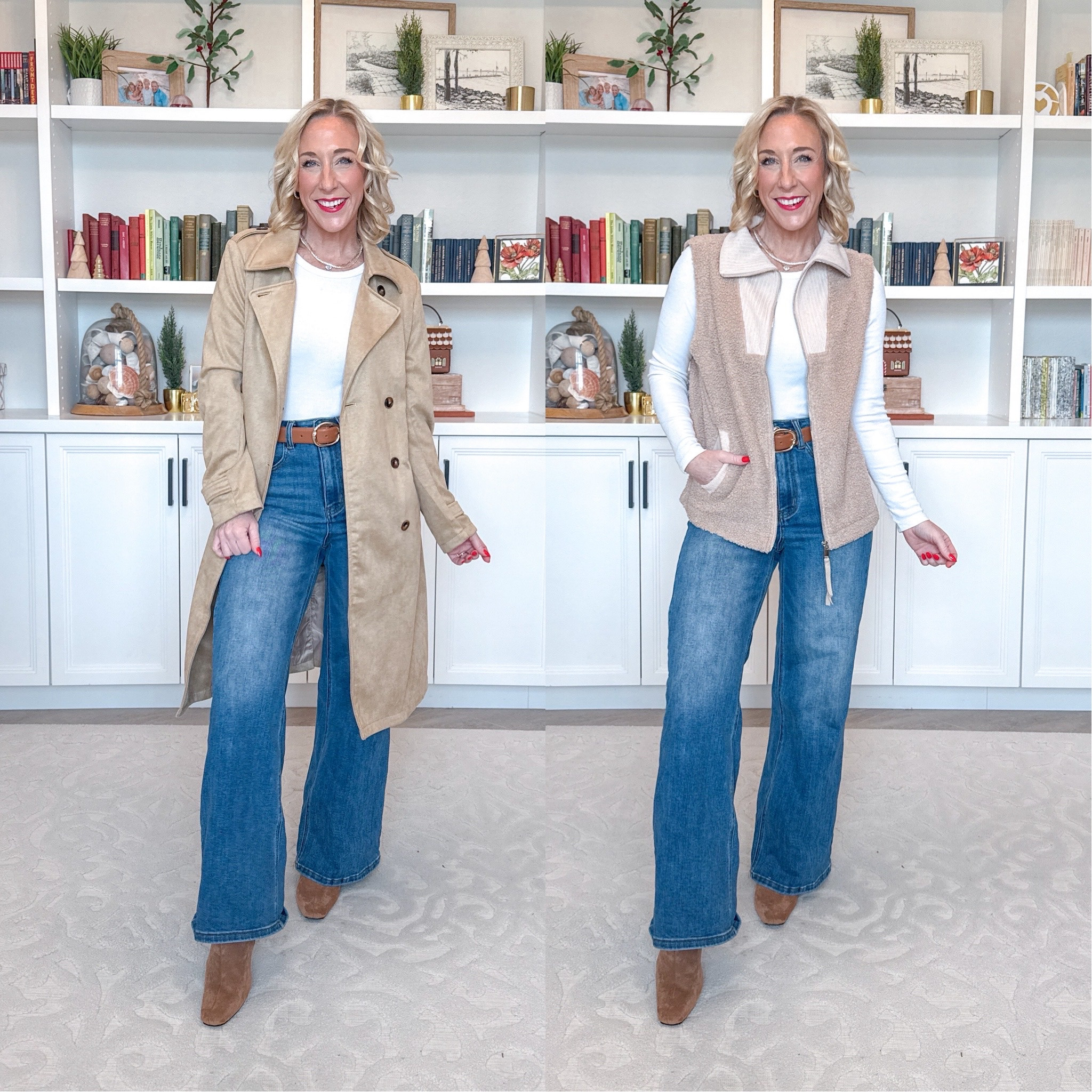 Amazon; new outerwear- • White long sleeve t-shirt - size small. • Wide leg jeans - size 25. • Boots - tts. • Belt - smallest size. 

Faux Suede Double Breasted Long Trench Coat - size small. 4 colors.

Fleece Fuzzy Zip Up Vest - size small. 6 colors.

 

#LTKSeasonal #LTKFindsUnder50 #LTKOver40