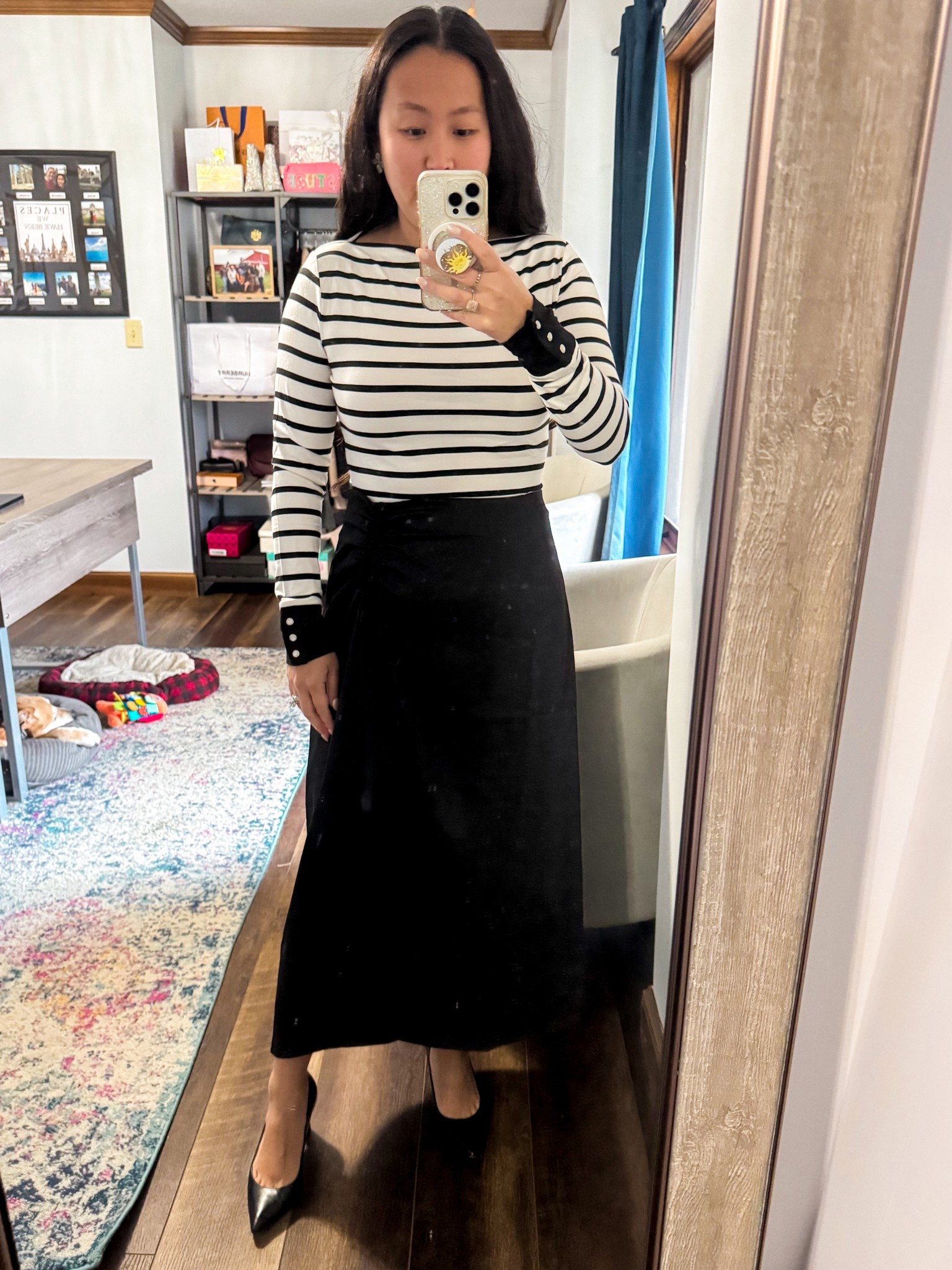 Versatile satin midi skirt (size up if in between) and boatneck striped shirt with contrast cuffs (size up if in between sizes). 

#LTKStyleTip #LTKWorkwear #LTKSaleAlert
