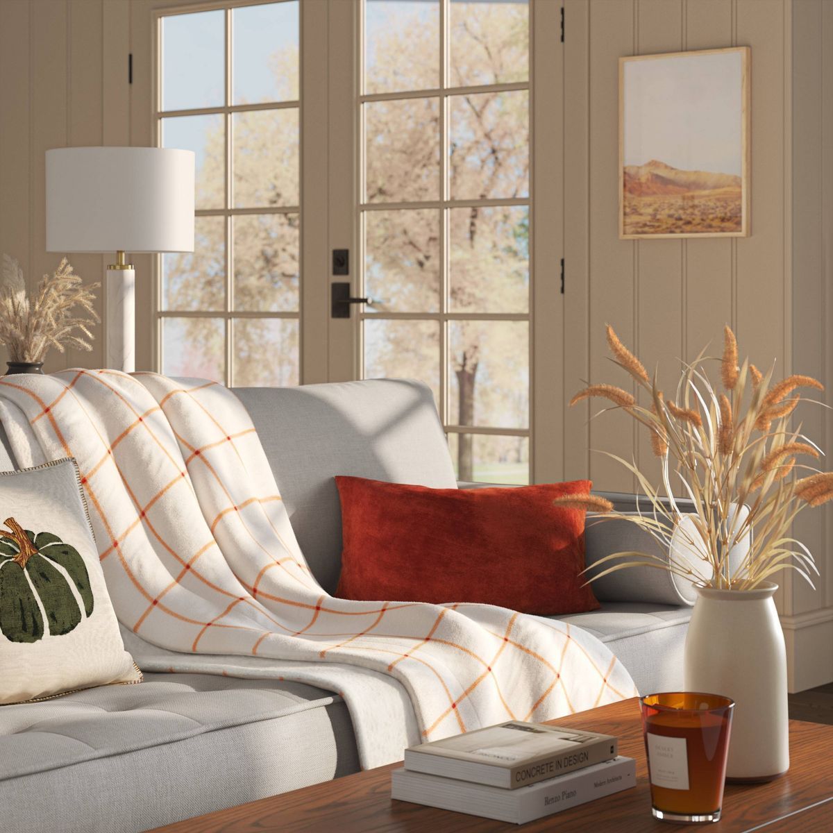 Windowpane Plush with Shearling Reverse Throw Blanket Cream/Orange - Threshold™ | Target