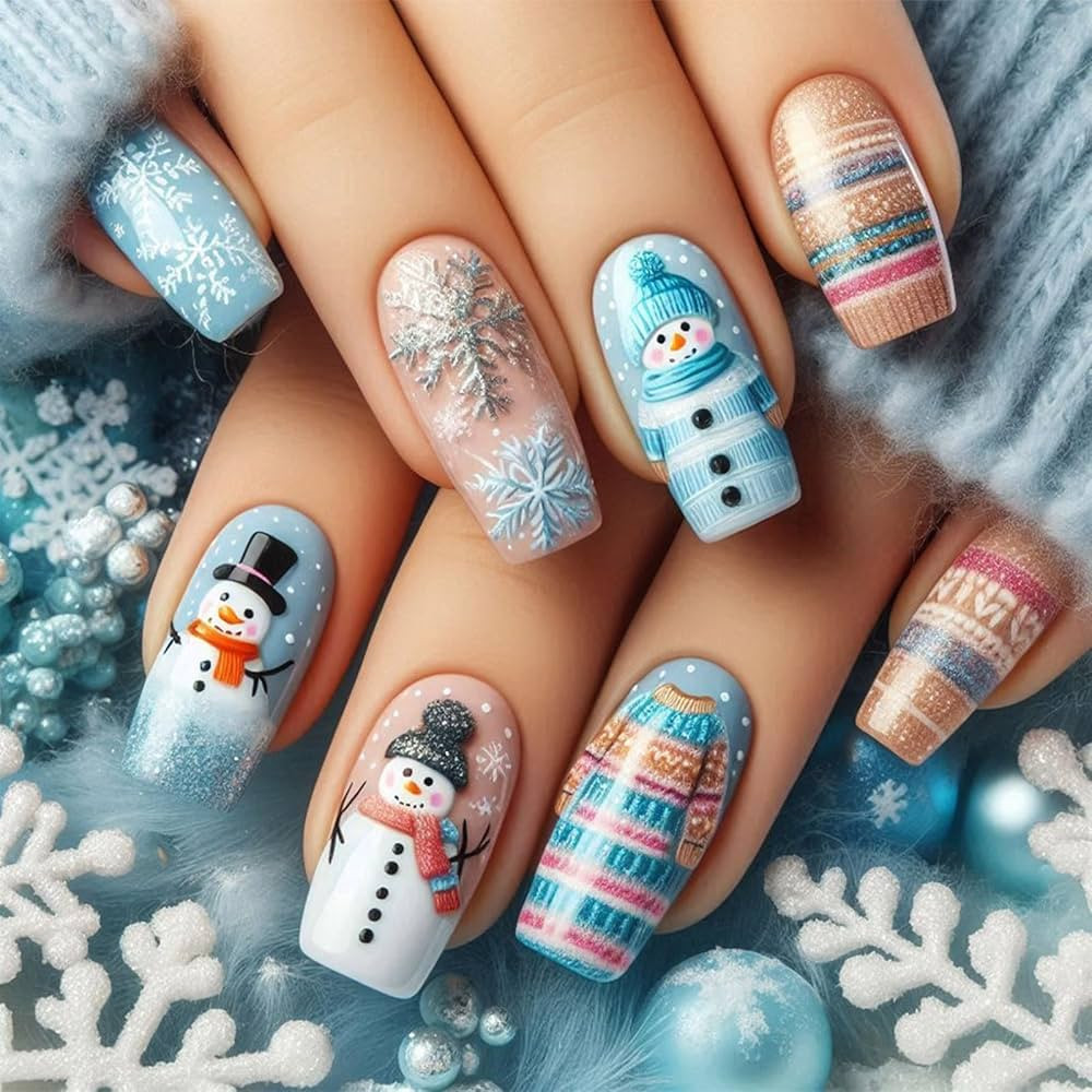 Christmas Press ons Nail Snowman Press on Nails Snowflake Stick on Fingernails Snow Gel Glue on A... | Amazon (US)