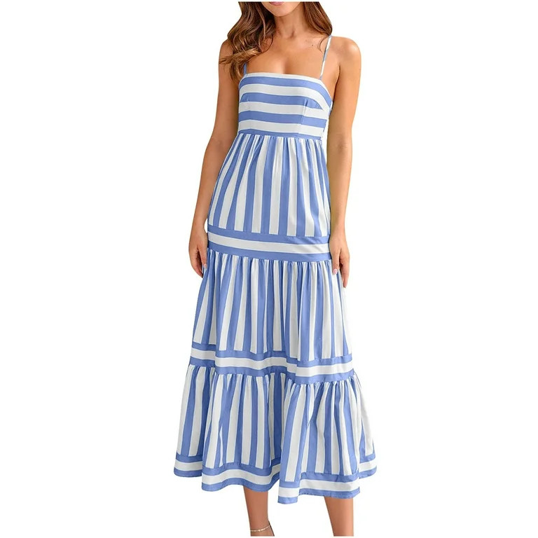 Generic 2025 Summer Dresses Striped Sleeveless Suspender Backless Swing Casual Long Dress | Walmart (US)