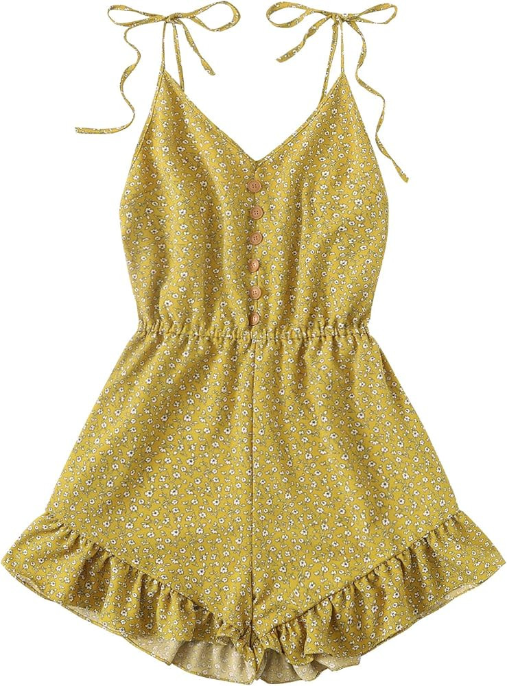 SheIn Women's Tie Shoulder V Neck Floral Print Elastic Waist Cami Romper | Amazon (US)