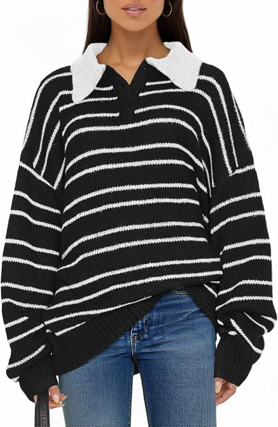Saodimallsu Womens Striped Swaters Button Collared Polo Shirts Oversized Long Sleeve Chunky Knit ... | Amazon (US)