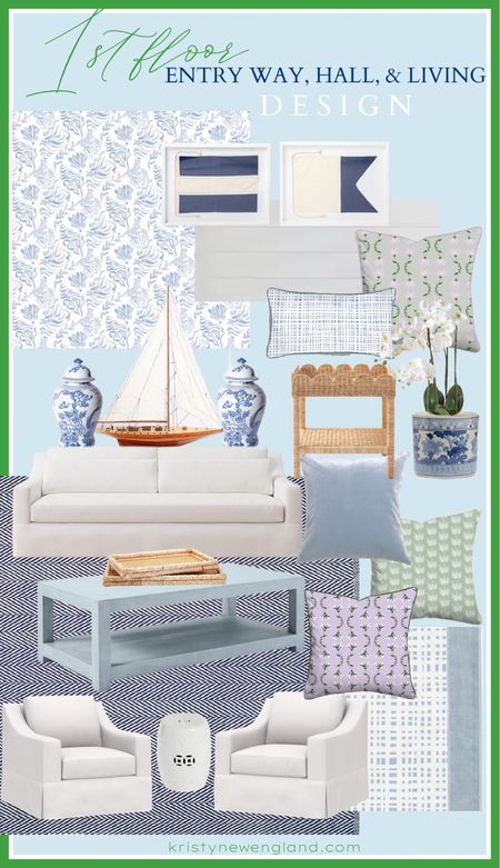 Nailing down details of some upcoming home projects and loving these coastal, nautical, and floral home decor selections. 

Blue and white wallpaper, scalloped rattan table, white slipcovered sofa, white slipcovered chair, herringbone rug, coastal decor, lilac pillow, lavender pillow, green floral pillow, signal flags, garden stool, blue and white jars, pillow, custom pillows, home decor, living room 

#LTKhome #LTKFind #LTKsalealert
