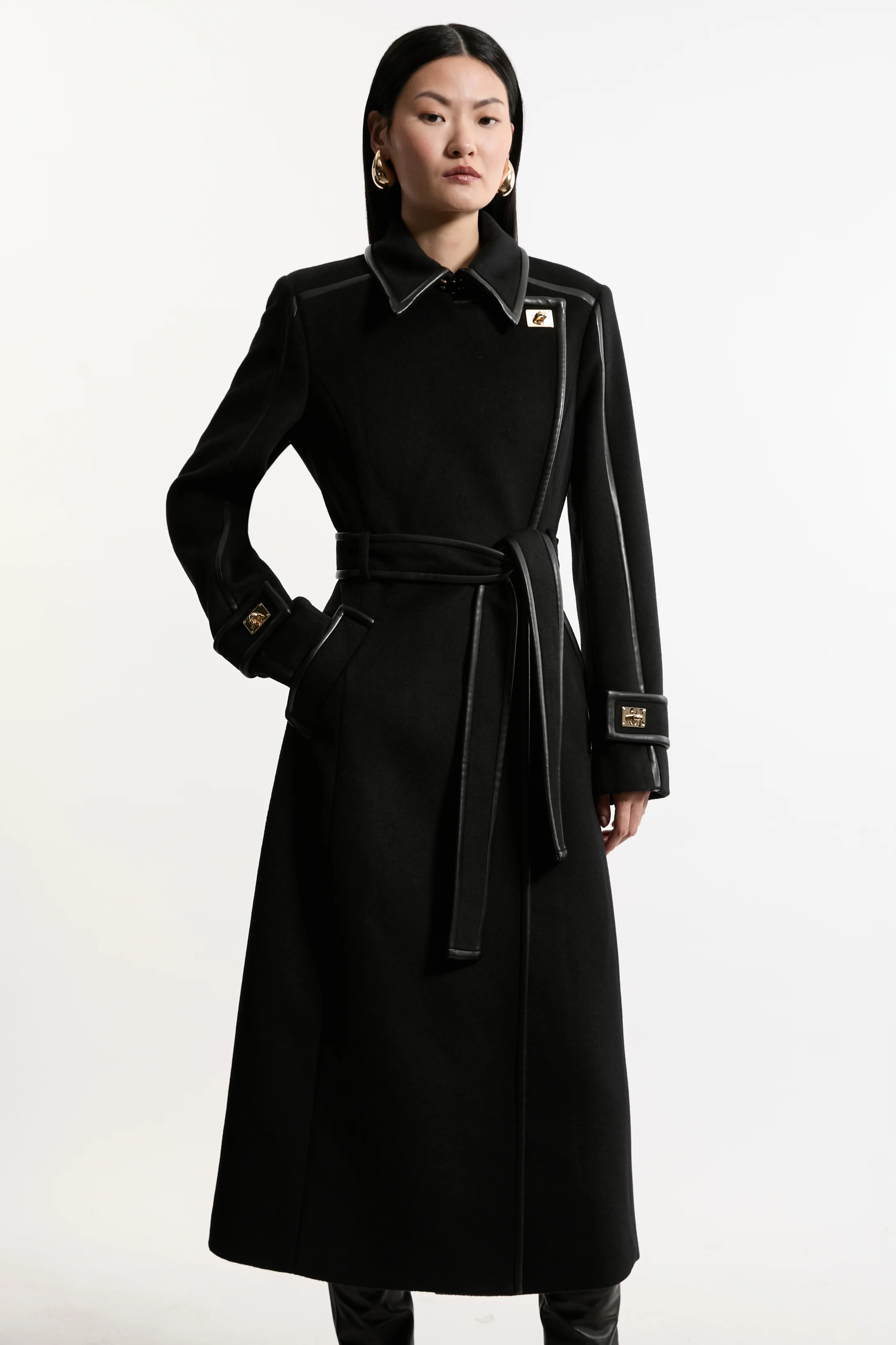 Brushed Wool Pu Trim Belted Tailored Double Breasted Midi Coat | Karen Millen UK + IE + DE + NL