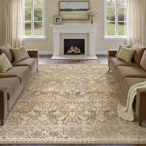 HUGEAR 8x10 Machine Washable Rugs Brown Beige Hallway Large Area Rug Indoor Accent Rug Floral Low Pile Carpet Soft Throw Aesthetic Rug Bedroom Living Room Office Dining Room Kitchen Laundry Room | Amazon (US)