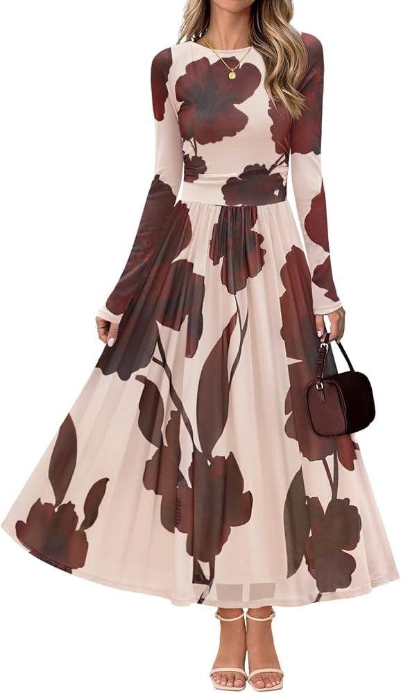 MEROKEETY Women's Long Sleeve Fall Wedding Guest Dress 2025 Crewneck Floral Flowy Mesh Cocktail M... | Amazon (US)