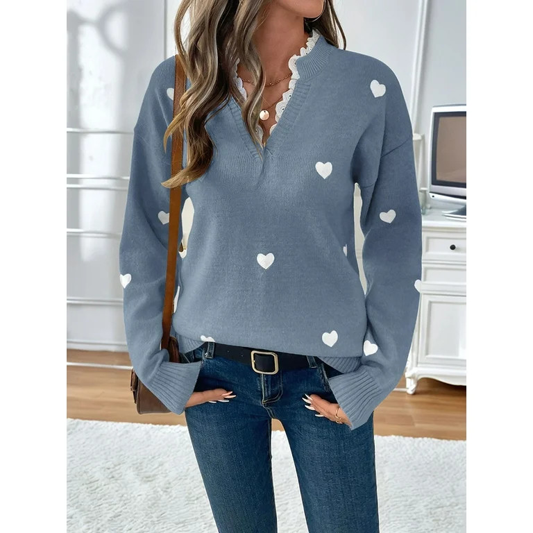 Cute Heart Print Sweater for Women V Neck Sweater Pullovers with Lace Trim Knit Jumper Blue M | Walmart (US)