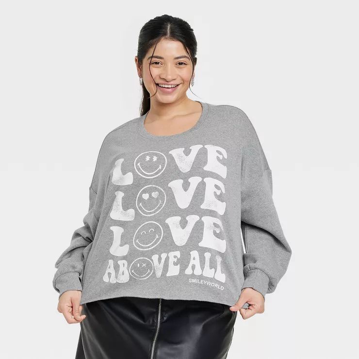 Women's SmileyWorld Love Above All Graphic Sweatshirt - Gray | Target