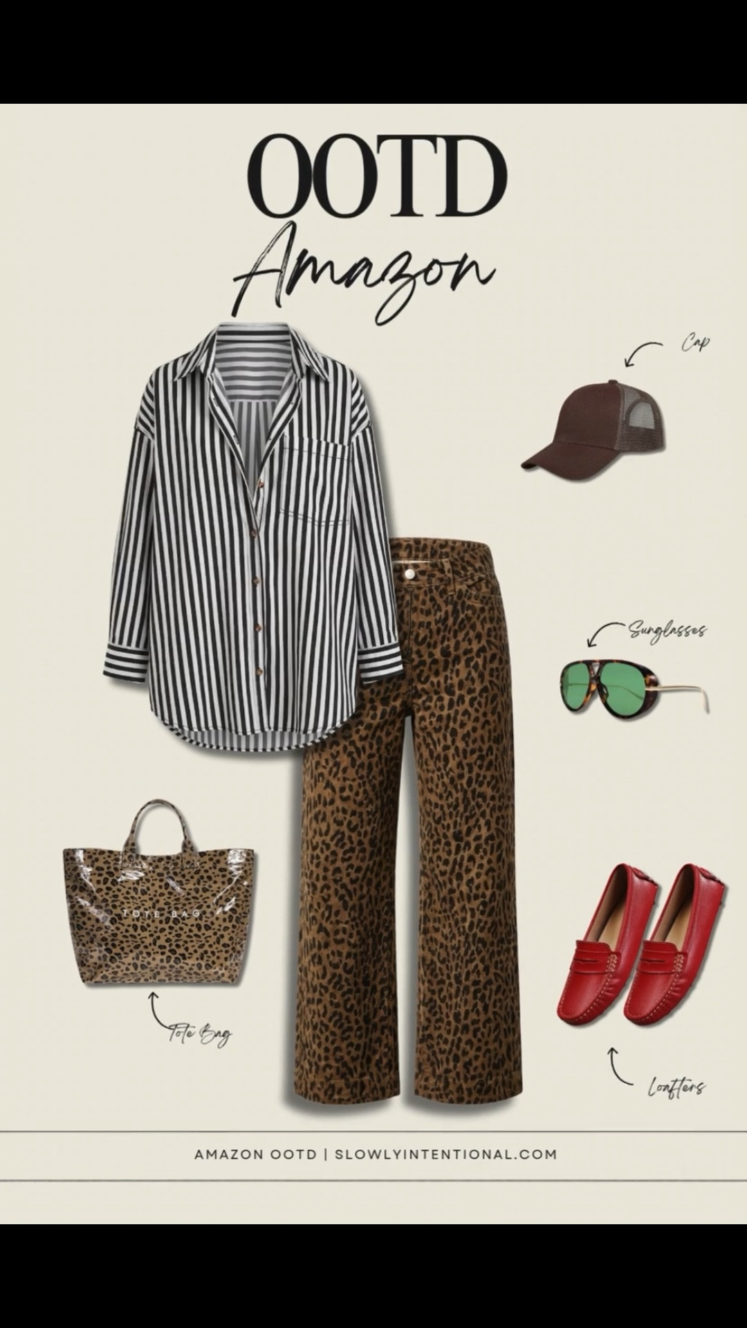 Amazon fashion finds, leopard print pants, striped button down shirt, red loafers, pattern mixing, pop of red, wide leg trousers, trucker hat style, casual OOTD, Amazon OOTD

#LTKmomlife #LTKootd #LTKWorkwear