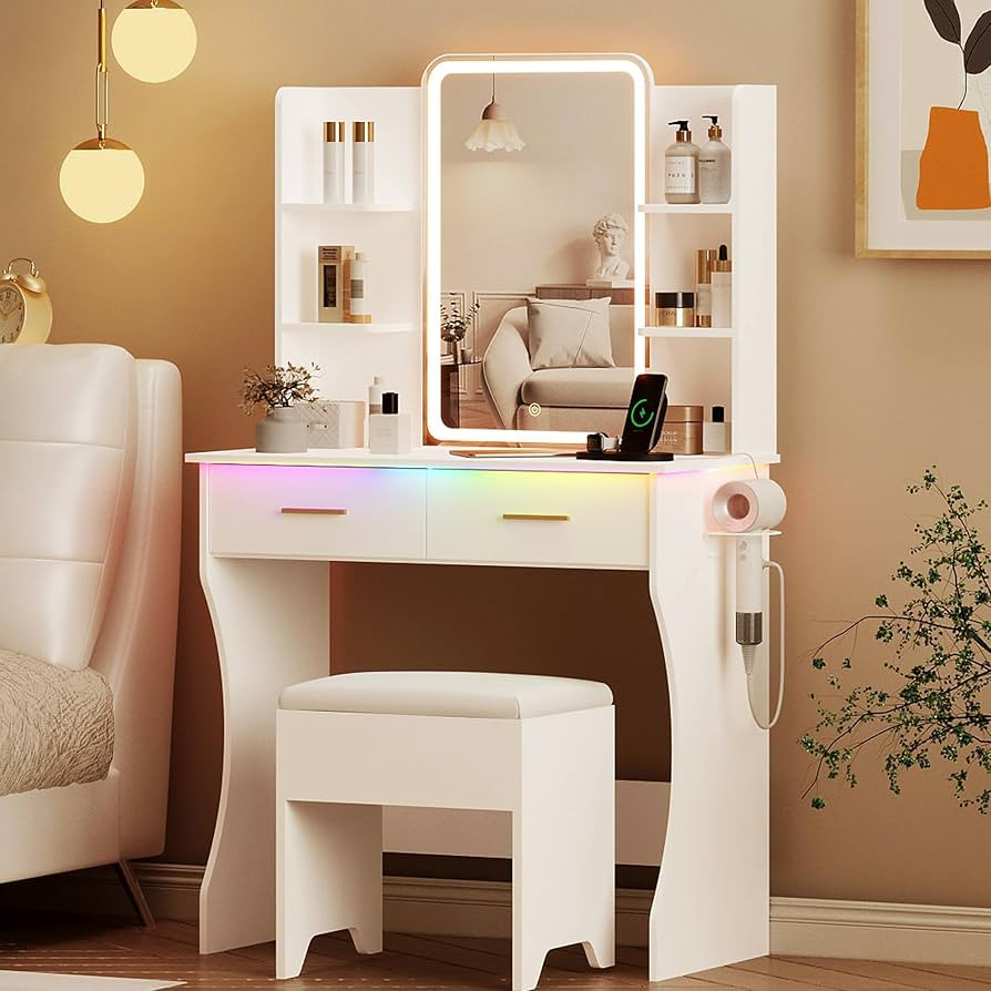 Vanity Desk with LED Lights Mirror & Power Outlet, Small Makeup Vanity Table Set with Storage Dra... | Amazon (US)