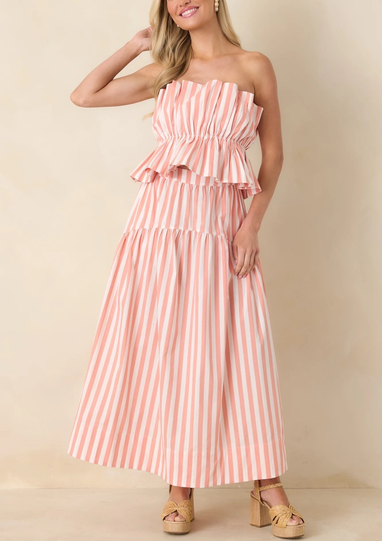 Note: This is a two-price set sold separately.

Get ready to show off the cutest vacation and resort looks in the TIDE & TRUE CORAL ORANGE STRIPE RUFFLE BANDEAU TOP. Style the look with a matching maxi skirt. Top: Under $60, Skirt: Under $60.

Keywords: Resort wear, resort outfits, two-piece set, bandeau top, maxi skirt, spring outfits, spring dresses, Easter dress women, vacation outfits, beach vacation outfits, summer dress, summer dresses, vacation dresses, summer vacation outfits, Easter dress

#LTKTravel #LTKgrwm #LTKootd