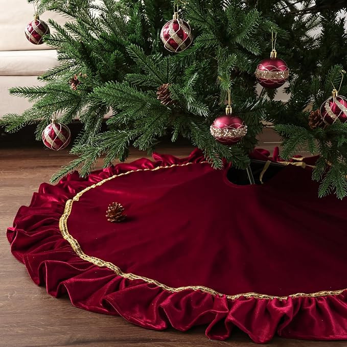 Christmas Tree Skirt: 48 Inch Large Luxury Wine Red Velvet Plush Fur Ruffled Christmas Tree Skirt... | Amazon (US)